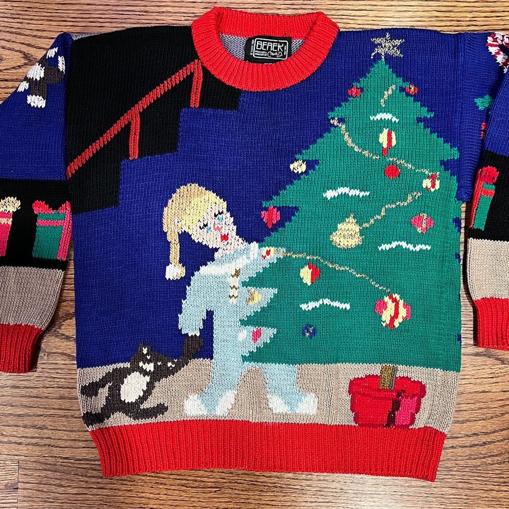 Vtg BEREK Cotton Hand Knit Ugly Christmas Sweater Tree Santa Metallic Small S